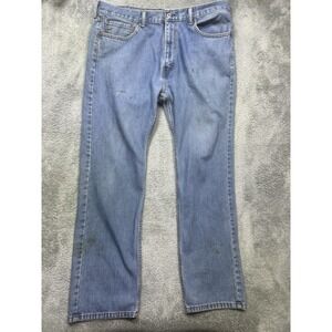 Levis 505 Jeans Mens 38x32 Blue Denim Light Wash Distressed Faded‎ Worn SPOTS